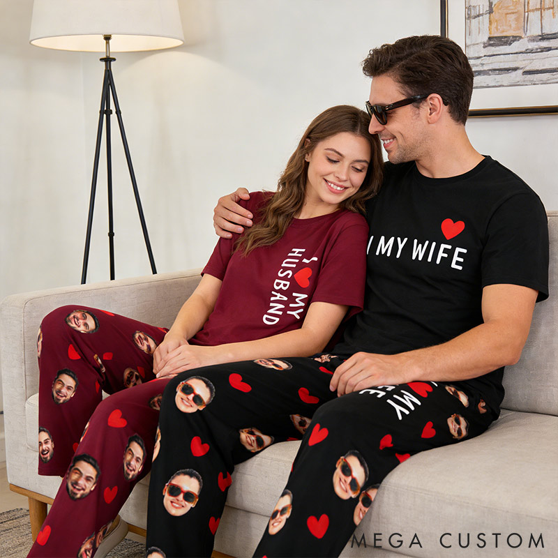 Personalized Valentine's Day Couple Faces Photo Matching Pajama Pants Custom Man Woman Photo Portrait Soft Pjs Bottoms Anniversary Gift for Him Her
