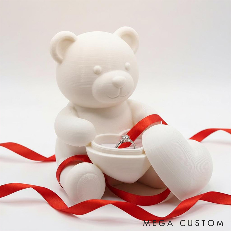 Personalized Couple White Teddy Bear Heart Ring Holder Custom Engagement 3D Printed Bear Ring Box for Newlyweds Valentines Day Gift for Him Her