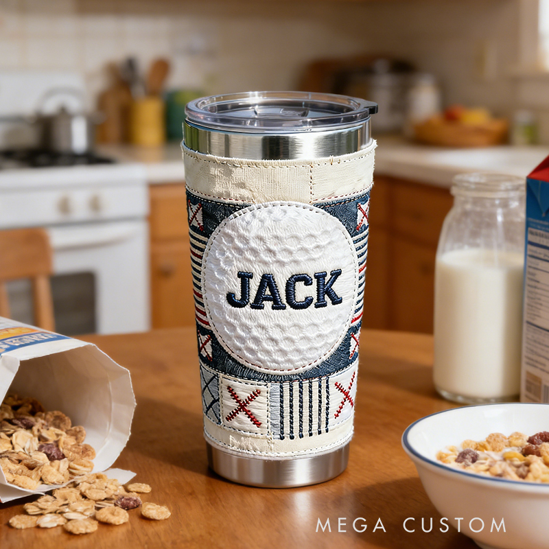 Personalized Golf Ball Embroidered Stainless Steel Tumbler – Custom Name Insulated Cup for Golf Enthusiasts
