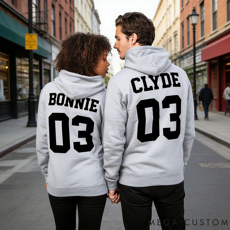Personalized Couple Bonnie and Clyde 03 Matching Hoodie Custom Couple Sweatshirt with Name and Number Anniversary Valentine's Day Gift for Him Her