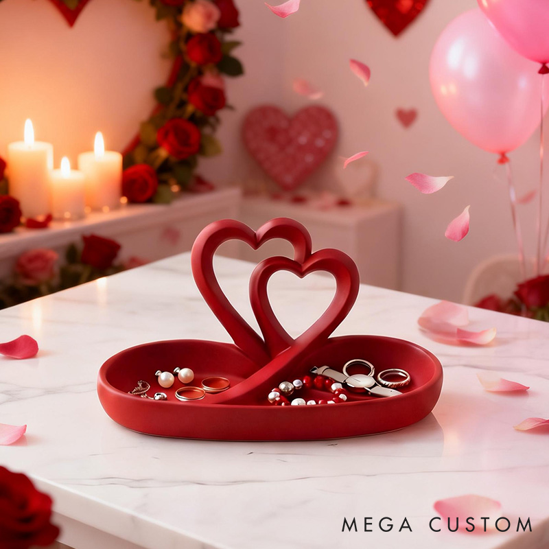 Personalized Heart-Shaped Jewelry Tray Custom 3D Printed Red Double Heart Jewelry Tray Infinity Hearts Jewelry Holder Valentines Day Decor