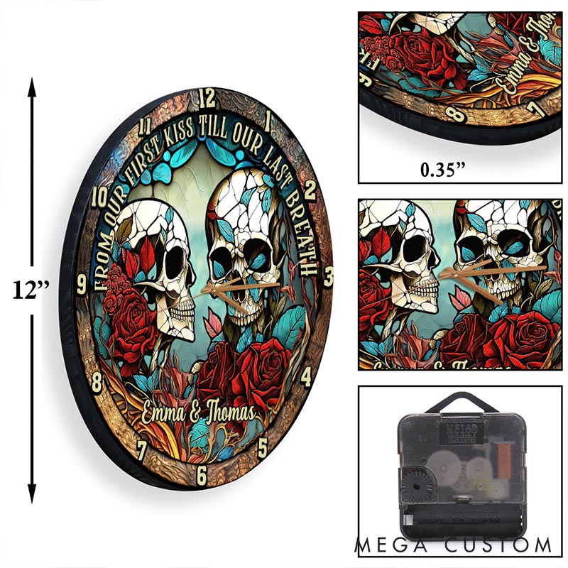 Personalized Skeleton Couple From Our First Kiss Till Our Last Breath Wall Clock Custom Retro Gothic Graphic 3D Printed Wall Clock Valentines Day Gift