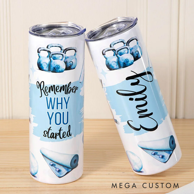 Personalized Watercolor Fitness Equipment Why You Started Skinny Tumbler with Lid Straw Motivational Birthday Gift for Workout Coach Gym Lover