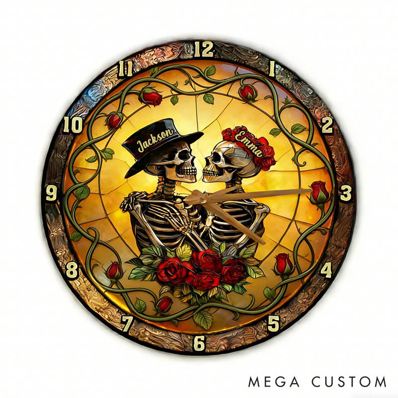 Personalized Skeleton Couple From Our First Kiss Till Our Last Breath Wall Clock Custom Gothic Rose Graphic 3D Printed Wall Clock Valentines Day Gift