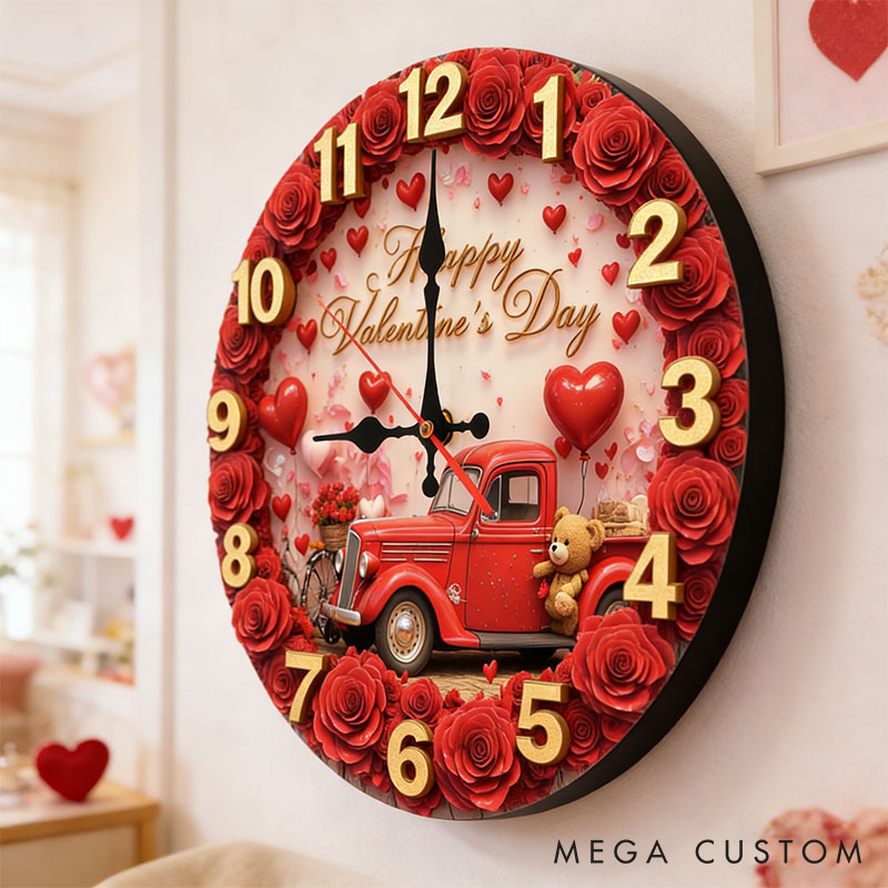 Personalized Couple Happy Valentine's Day Wall Clock Custom Vintage Red Truck with Rose and Bear Graphic 3D Printed Wall Clock Valentines Day Gift