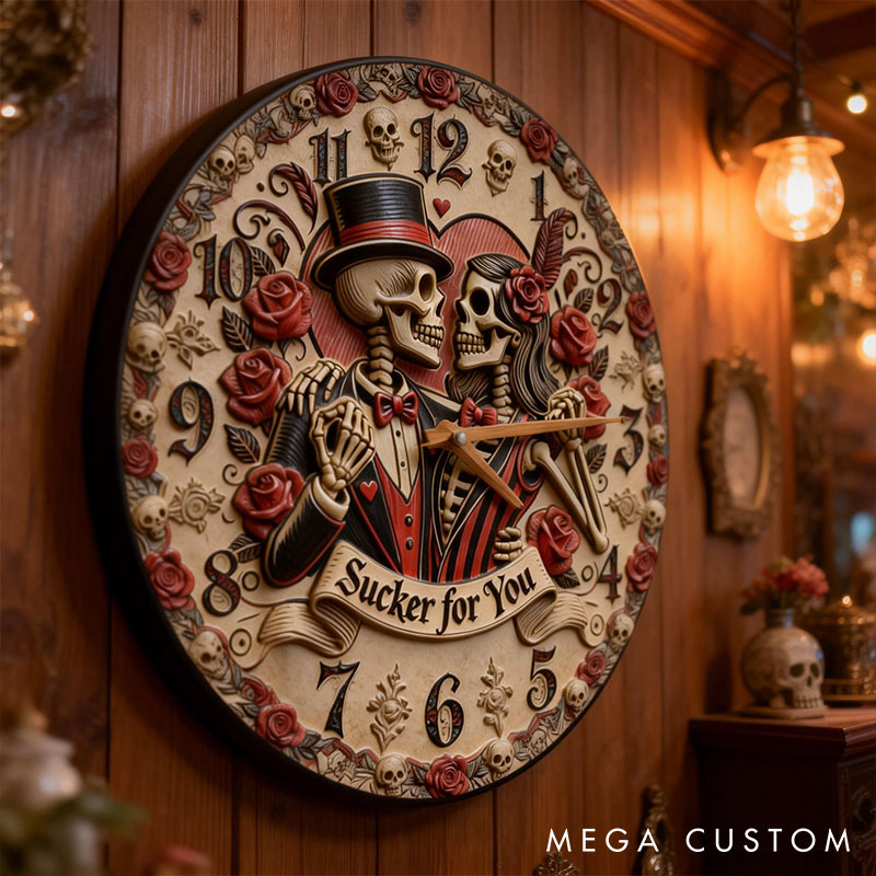 Personalized Skeleton Couple Sucker for You Wall Clock Custom Gothic Rose Graphic 3D Printed Wall Clock Anniversary Valentines Day Gift for Him Her