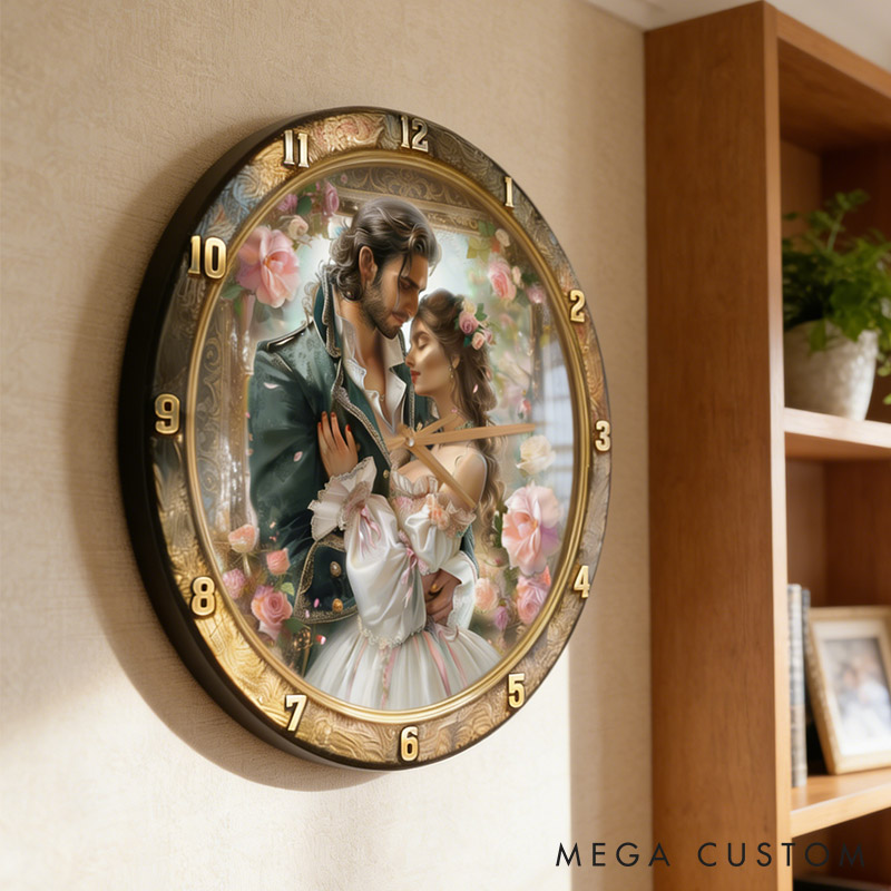 Personalized Couple Photo Romantic Floral Wall Clock Custom Court Style Watercolor Floral 3D Effect Wall Clock Anniversary Valentines Day Gift