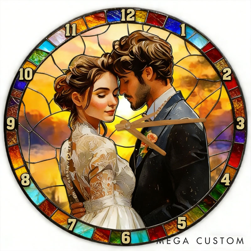 Personalized Couple Photo Stained Glass Design Wall Clock Custom Watercolor 3D Effect Wall Clock with Couple Photo Anniversary Valentines Day Gift