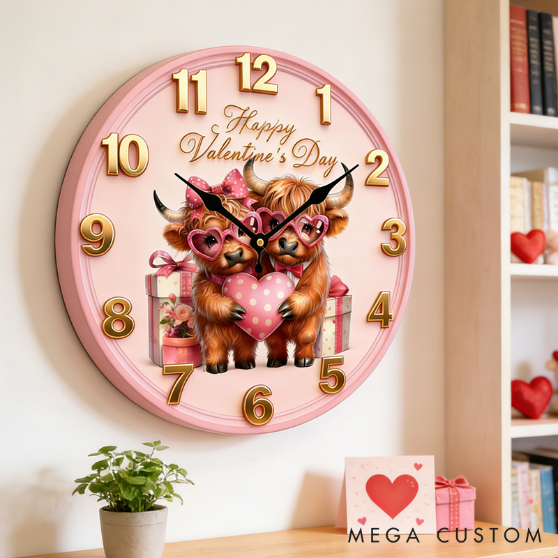 Personalized Highland Cow Couple Happy Valentine's Day Wall Clock Custom Pink Highland Cow Holding Heart 3D Effect Wall Clock Valentines Day Gift