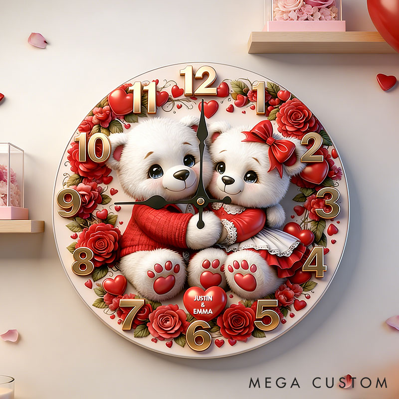 Personalized Bear Couple Happy Valentine's Day Wall Clock Custom Red Rose Bear with Heart 3D Effect Wall Clock Anniversary Valentines Day Gift