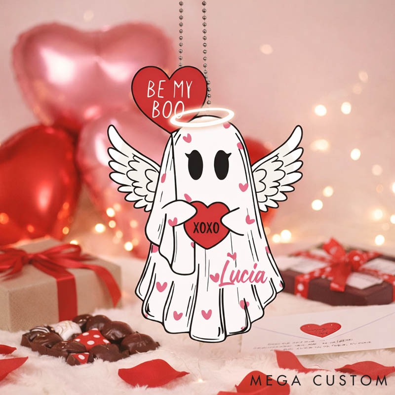 Personalized Couple Be My Boo Ghost Acrylic Ornament Custom Ghost Holding Hearts Car Ornament with Name Anniversary Valentine's Day Gift for Him Her
