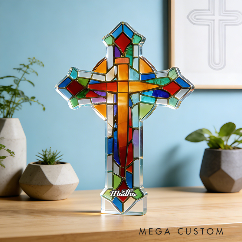Personalized Stained Glass Cross Custom Shaped Acrylic Plaque with Custom Name Religious Gift Prayer Gift for Christians