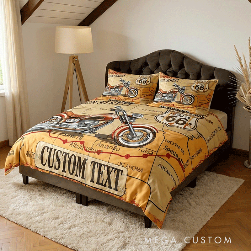 Personalized Retro Route Motorcycle Duvet Cover Custom Name Bedding Quilt Cover Gift