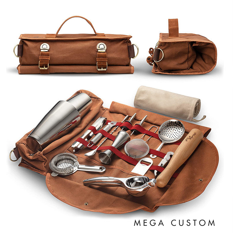 Personalized Premium Roll-Up Bartender Kit – Leatherette Travel Cocktail Tool Set with Stainless Steel Accessories