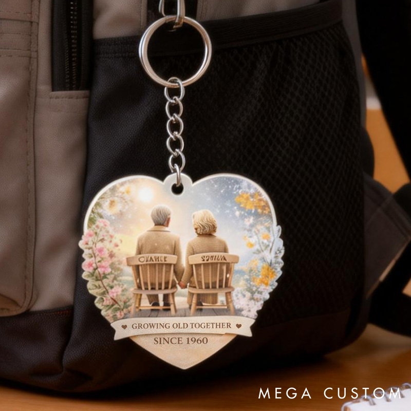 Personalized Heart-Shaped Couple Keychain Growing Old Together Elderly Valentine's Gift Couple Anniversary Keychain for Her Him
