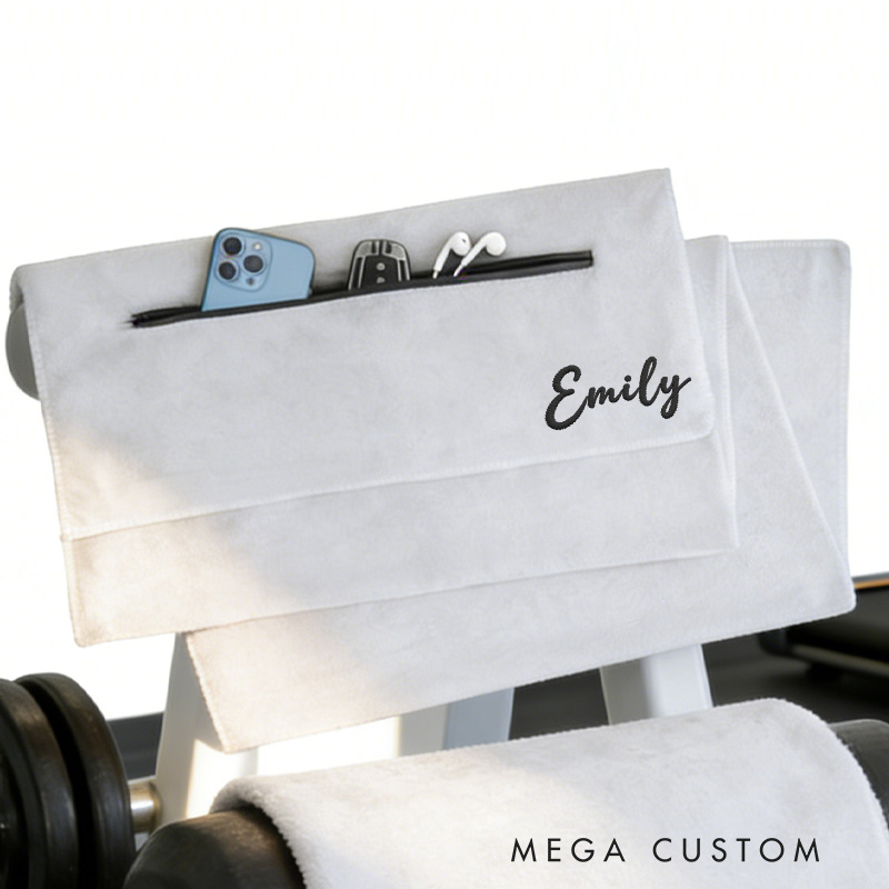 Personalized Gym Towel Embroidered Name Fitness Towel with Zipper Pocket Custom Sports Gift for Birthday for Gym Lovers