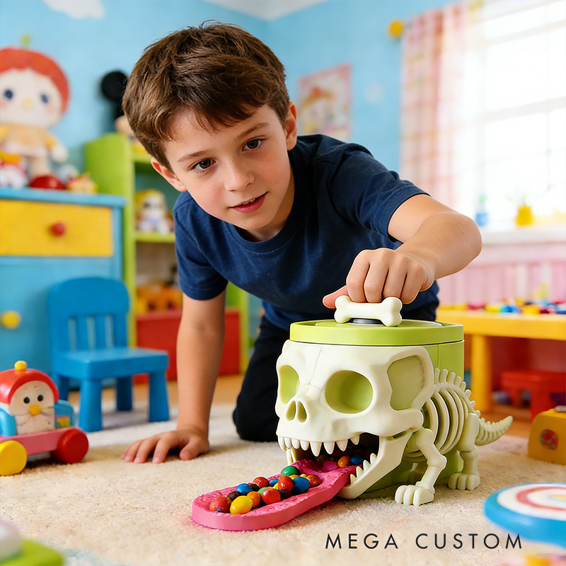Dino Skeleton Candy Dispenser – Spooky-Fun Interactive Snack Holder with Bone-Top Trigger