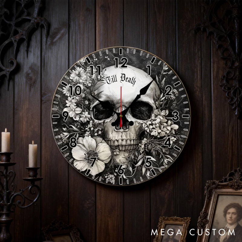 Personalized Man Skull Floral Till Death Wall Clock Custom Boyfriend Husband Gothic Style Graphic 3D Printed Wall Clock Valentines Day Gift for Him