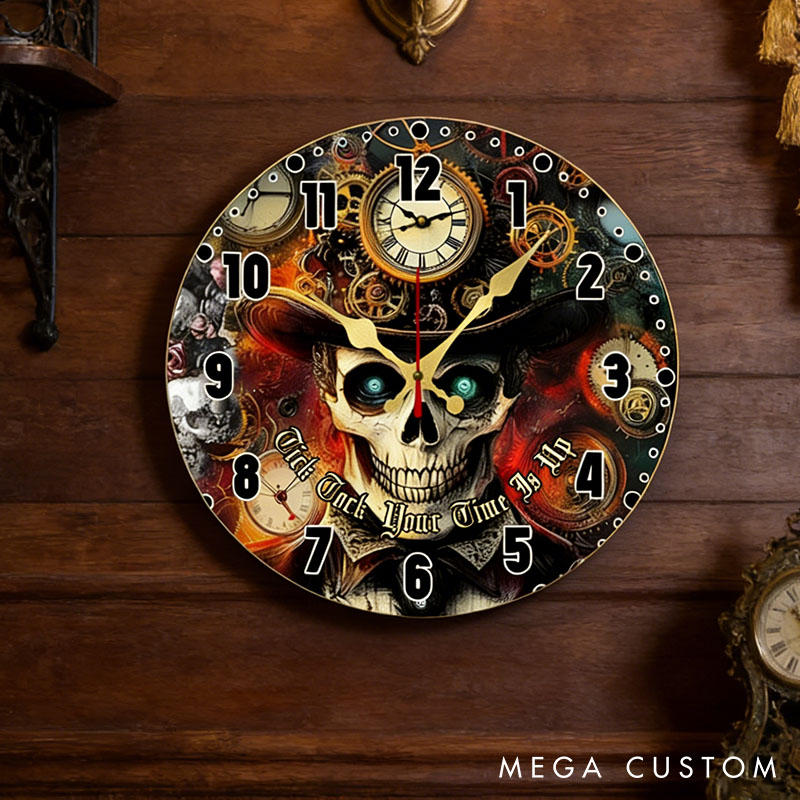 Personalized Man Skull Tick Tock Your Time Is Up Wall Clock Custom Boyfriend Husband Gothic Graphic 3D Printed Wall Clock Valentines Day Gift for Him