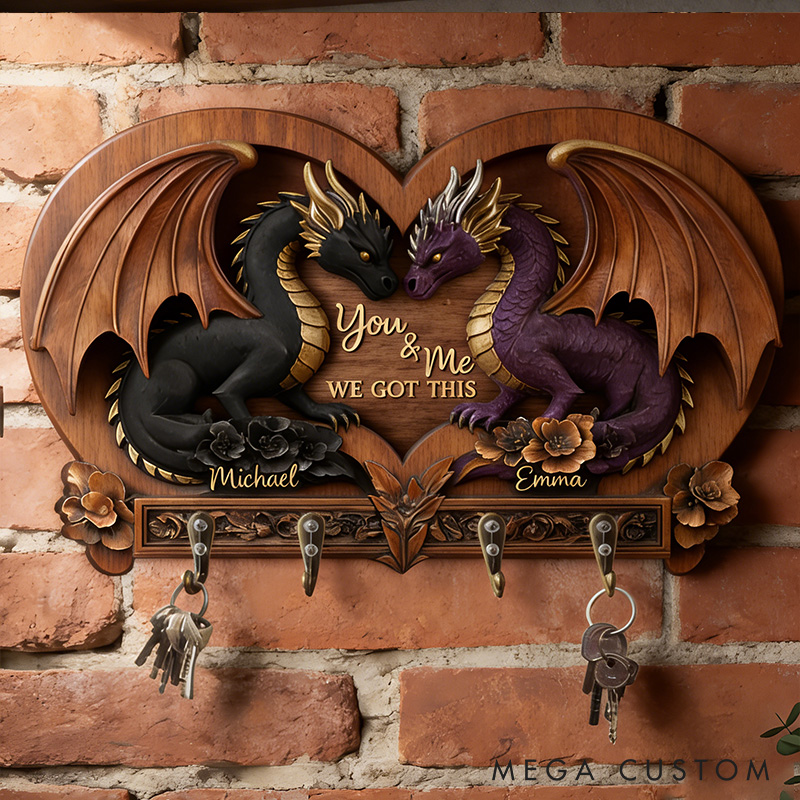 Personalized You and Me We Got This Dragon Couple Wooden Key Rack Custom Graphic 3D Printed Effect Key Hanger Anniversary Valentines Day Gift