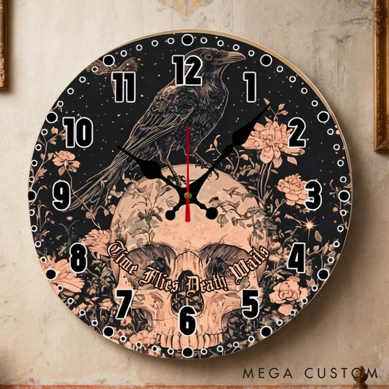 Personalized Man Skull Time Flies Death Waits Wall Clock Custom Boyfriend Husband Gothic Graphic 3D Printed Wall Clock Valentines Day Gift for Him