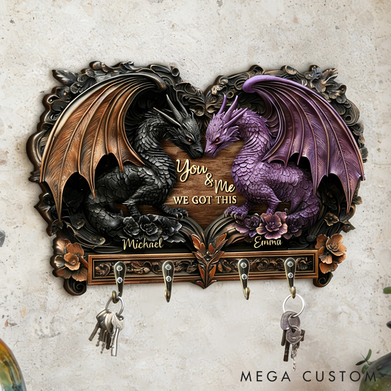 Personalized You and Me We Got This Dragon Couple Wooden Key Rack Custom Graphic 3D Printed Effect Key Hanger Anniversary Valentines Day Gift