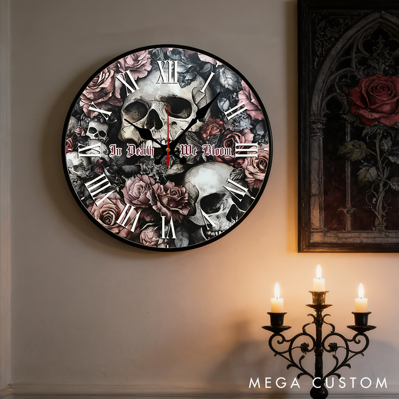 Personalized Couple Skull and Rose In Death We Bloom Wall Clock Custom Gothic Style Graphic 3D Printed Wall Clock Anniversary Gift Valentines Day Gift