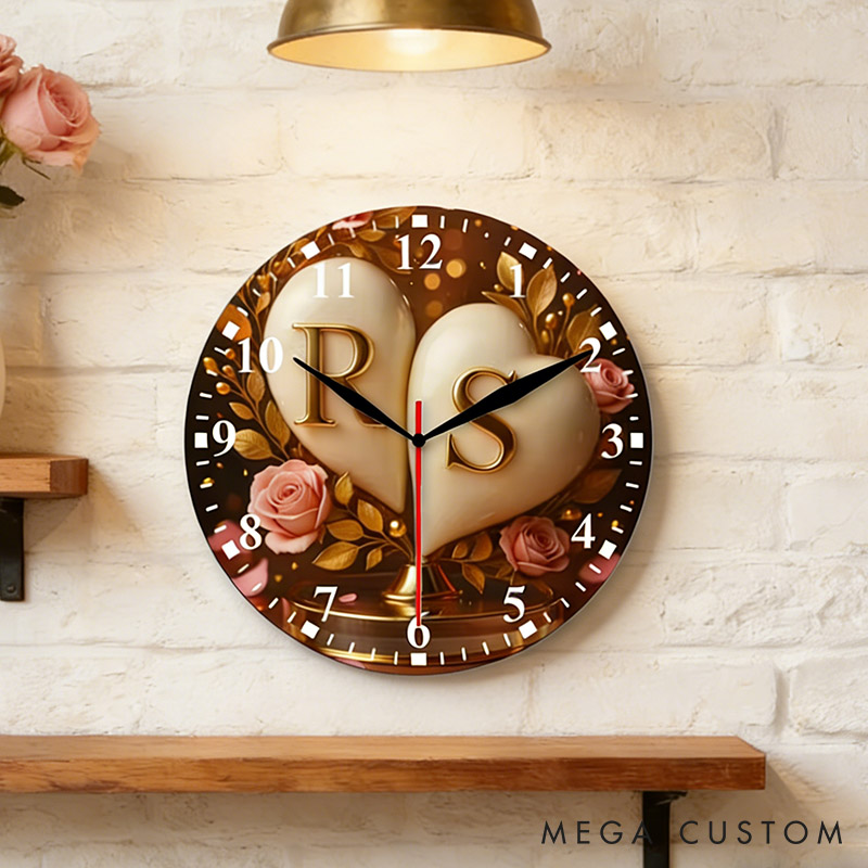 Personalized Couple Two Intertwined Hearts with Pink Rose Wall Clock Custom Romantic Golden 3D Effect Name Wall Clock Anniversary Valentines Day Gift