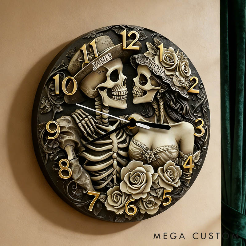 Personalized Skeleton Couple Till Death Do Us Part Wall Clock Custom Retro Gothic Style 3D Effect Wall Clock Anniversary Gift Valentine's Day Gift
