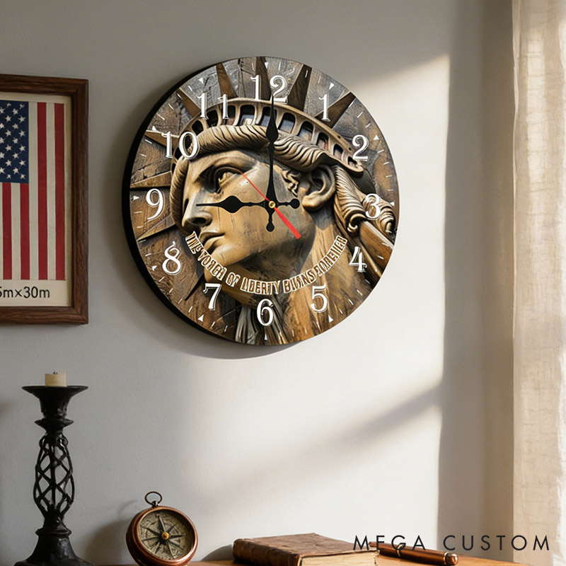 Personalized Man Woman The Torch of Liberty Burns Forever Wall Clock Custom 3D Effect Clock Independence Day Gift Valentine's Day Gift for Him Her