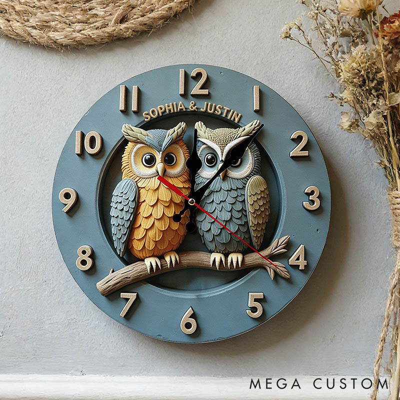Personalized Owl Couple Wall Clock Custom Romantic Owl Couple on a Branch 3D Effect Clock with Name Anniversary Gift Valentine's Day Gift for Him Her