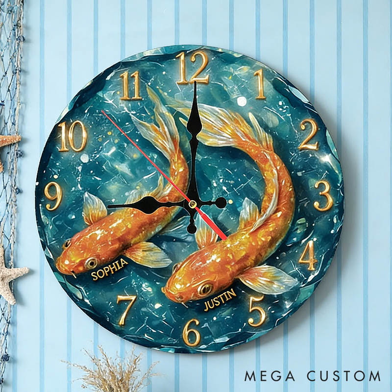 Personalized Koi Fish Couple Wall Clock Custom Romantic Koi Fish Couple Swimming Together 3D Effect Clock Anniversary Valentine's Day Gift for Him Her