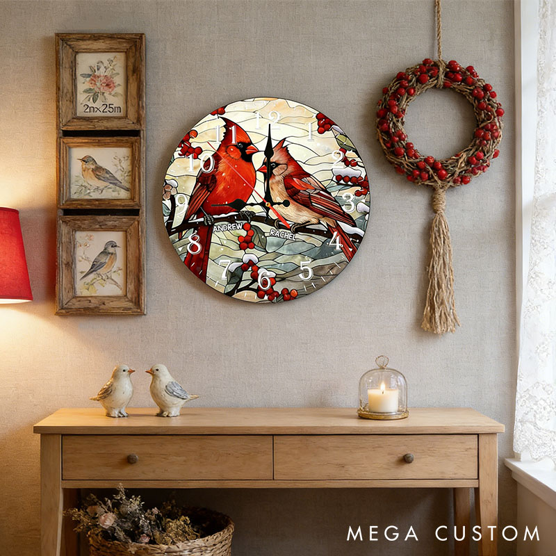 Personalized Couple Vibrant Cardinals Perched on a Branch Wall Clock Custom Stained Glass Design Clock Anniversary Valentines Day Gift for Him Her