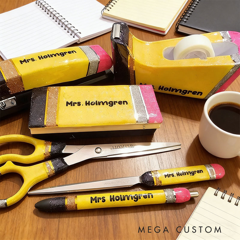 Personalized 6 Piece Glitter Pencil Resin Office Supply Set Resin Scissors Resin Stapler Resin Pen Glitter Stapler Set Custom Desk Set