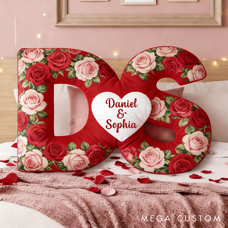 Personalized Initial Heart Pillow Romantic Rose Design Throw Pillow for Wife Girlfriend Valentines Gift for Her