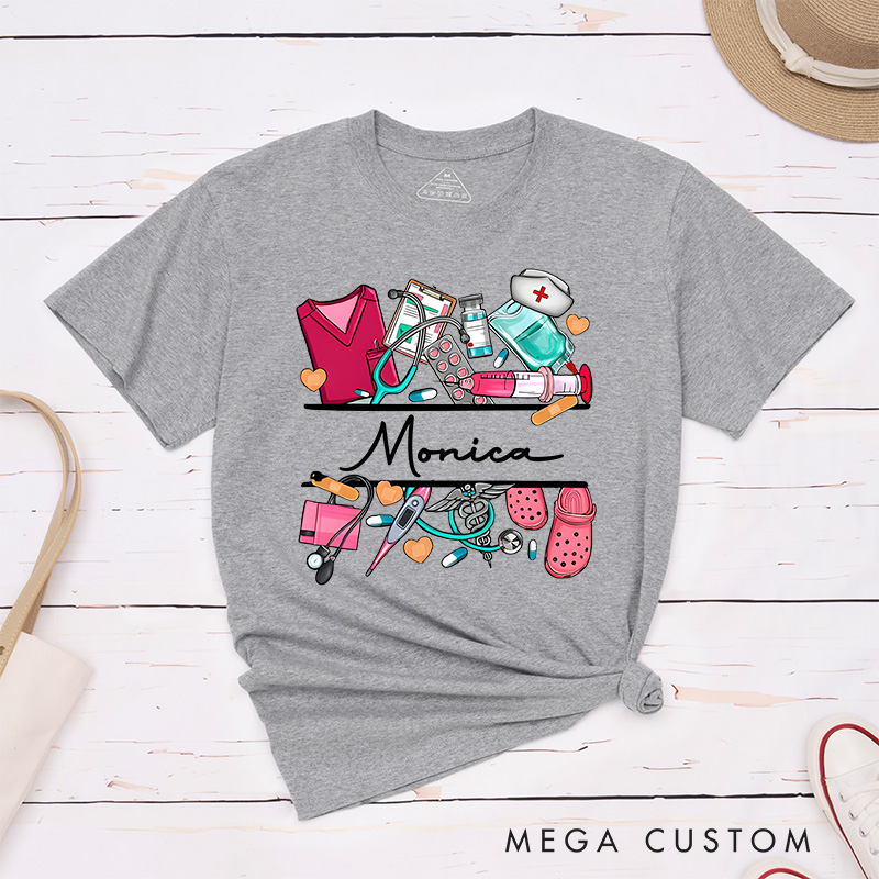 Personalized Nurse T-Shirts Nurse's Essentials Tools of Care Fashion Design T-Shirts