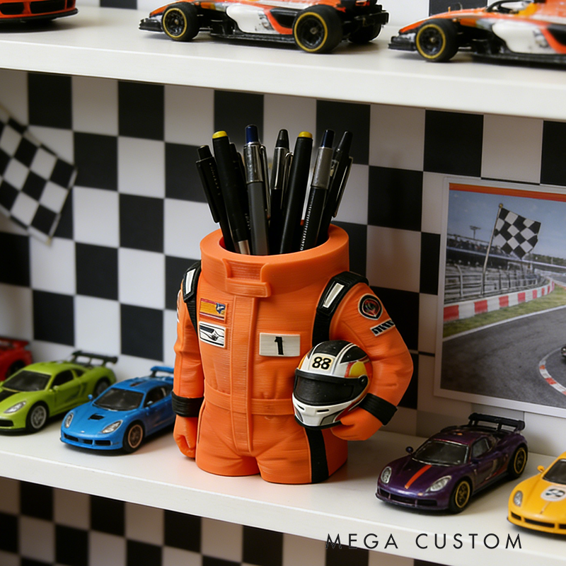 Racing Suit 3D Printed Pen Holder - F1-Themed Desk Organizer with Helmet Detail