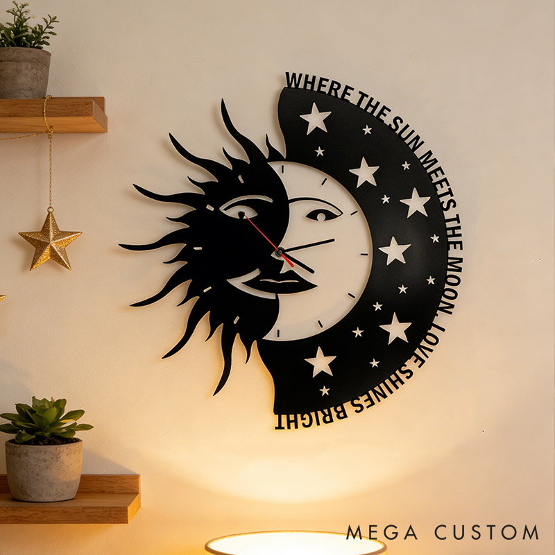 Personalized Couple Where the Sun Meets the Moon Love Shines Bright Metal Wall Clock Custom Wall Clock Anniversary Valentines Day Gift for Him Her