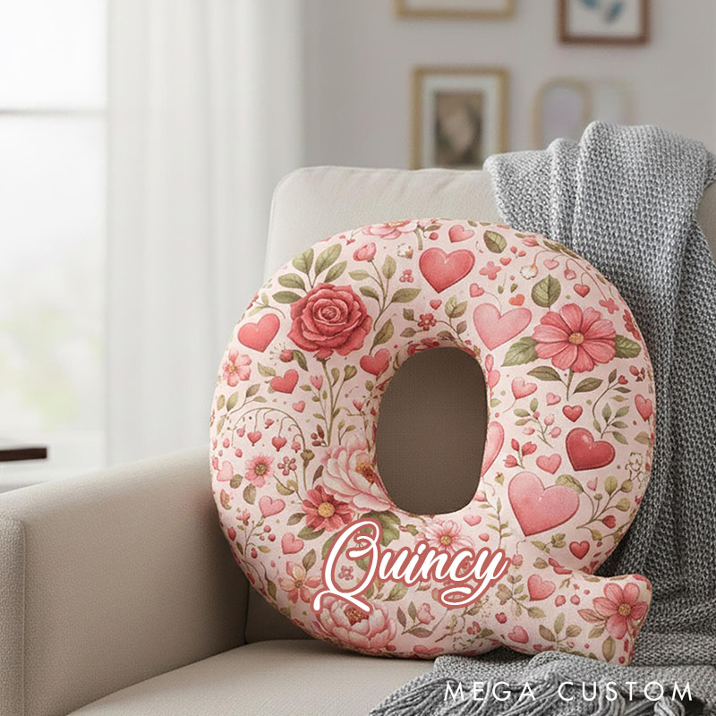 Personalized Floral Initial Pillow Custom Romantic Heart and Rose Throw Pillow Valentine's Gift for Wife Girlfriend