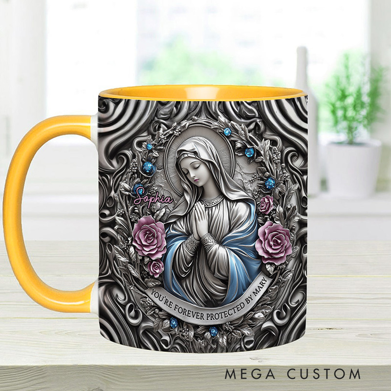 Personalized You're Forever Protected by Mary 11oz Ceramic Mug with Custom Name Religious 3D Coffee Mug Catholic Gift for Women