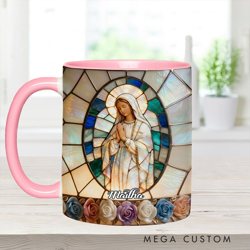 Personalized Our Lady of Grace Stained Glass 11oz Ceramic Mug with Custom Name Religious 3D Coffee Mug Catholic Gift for her