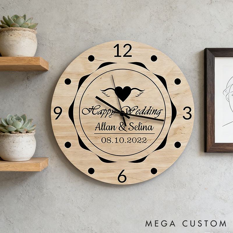 Personalized Couple Happy Wedding Wall Clock Custom Newlyweds Wedding Wall Clock with Name and Date Anniversary Valentines Day Gift for Him Her