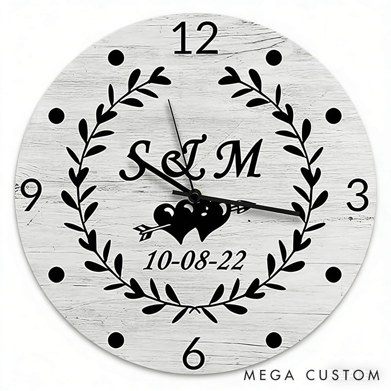 Personalized Couple Initials with Laurel Wreath Wall Clock Custom Newlyweds Wall Clock with Name and Date Anniversary Valentines Day Gift for Him Her