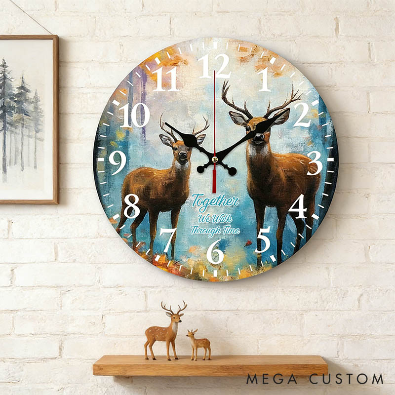 Personalized Deer Couple Together We Walk Through Time Wall Clock Custom Watercolor Style Wall Clock Anniversary Valentines Day Gift for Him Her