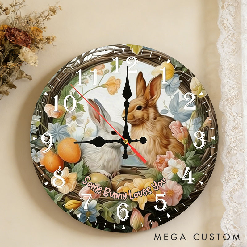 Personalized Couple Some Bunny Loves You Wall Clock Custom Easter Floral Bunny with Eggs Wall Clock with Text Easter Gift for Him Her Anniversary