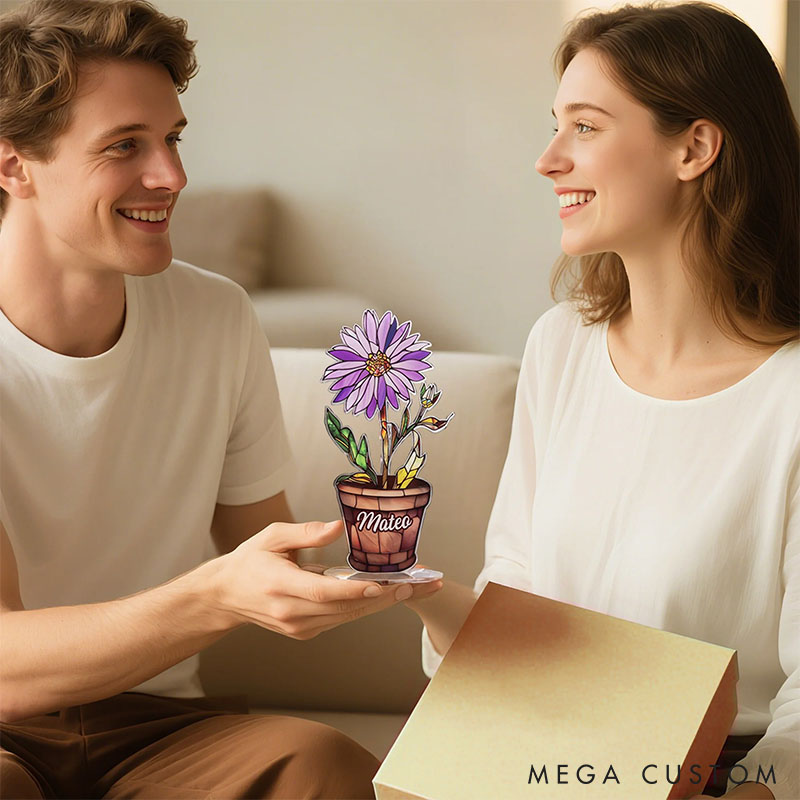 Personalized Faux Stained Glass Birth Flower Pot Acrylic Plaque with Name Home Decor Anniversary Birthday Gift for Couple Besties