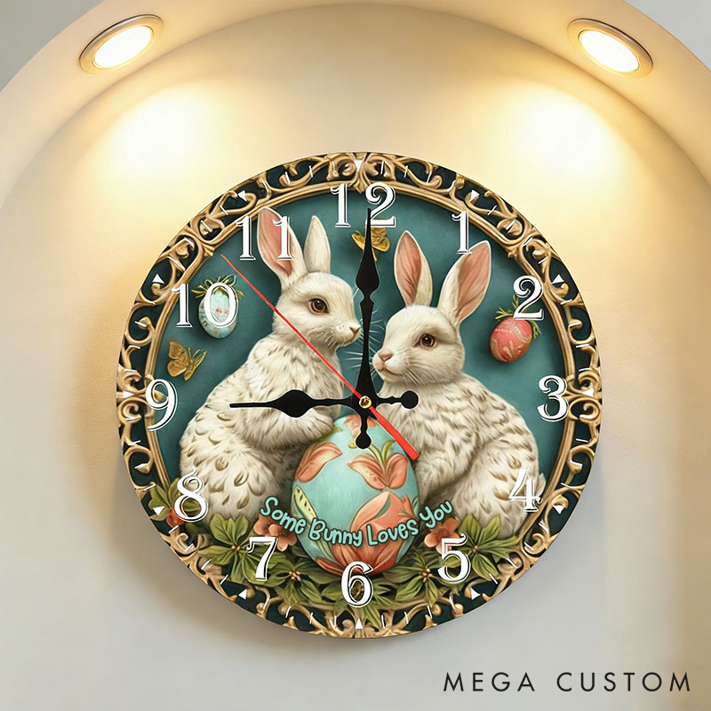 Personalized Couple Some Bunny Loves You Wall Clock Custom Easter Charming Bunny with Eggs Wall Clock with Text Couple Easter Gift for Him Her