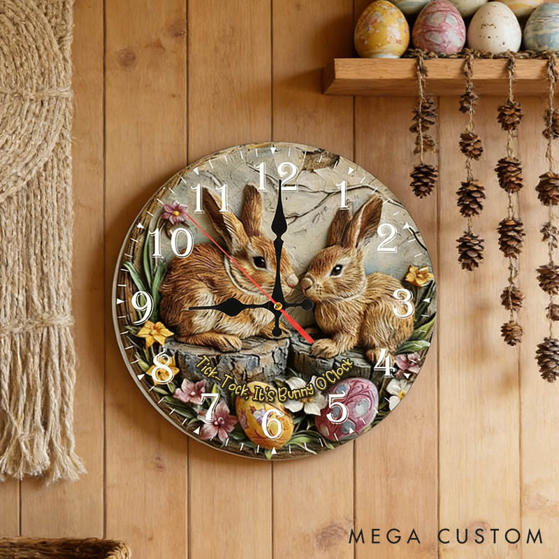 Personalized Couple Tick-Tock It’s Bunny O'Clock Wall Clock Custom Easter Bunny 3D Effect Wall Clock with Text Couple Easter Gift for Him Her