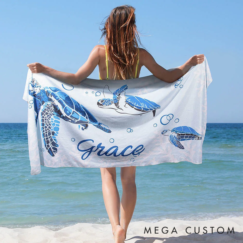 Personalized Pet Lover Underwater World Oversized Quick Dry Turtle Beach Towel with Name Summer Travel Essential Beach Towel