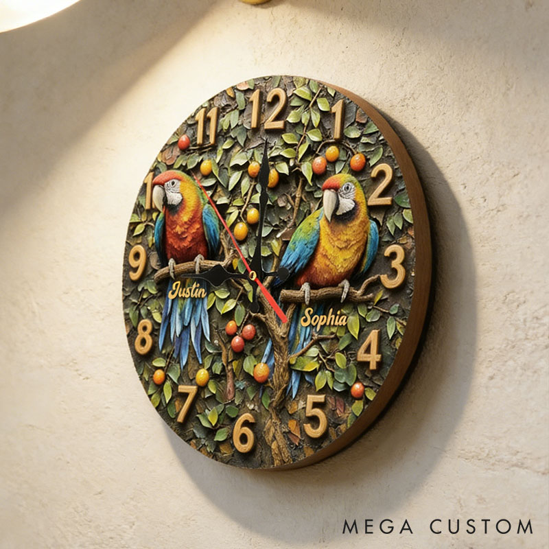 Personalized Parrot Couple Wall Clock Custom Couple Bird on a Branch 3D Effect Wall Clock with Name Couple Anniversary Valentines Day Gift for Him Her
